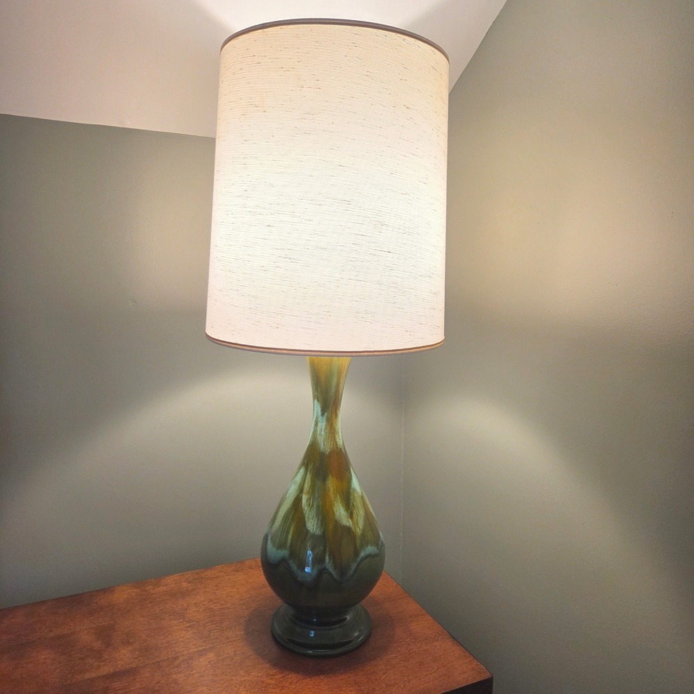 Vtg Royal Haegar MCM Retro Drip Glaze Ceramic Table Lamp & Shade Green Brown 33"